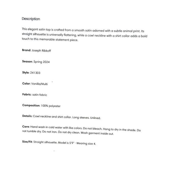 JOSEPH RIBKOFF ANIMAL PRINT SATIN TOP WITH COWL NECKLINE BLACK, TAN AND WHITE. - Picture 11 of 11